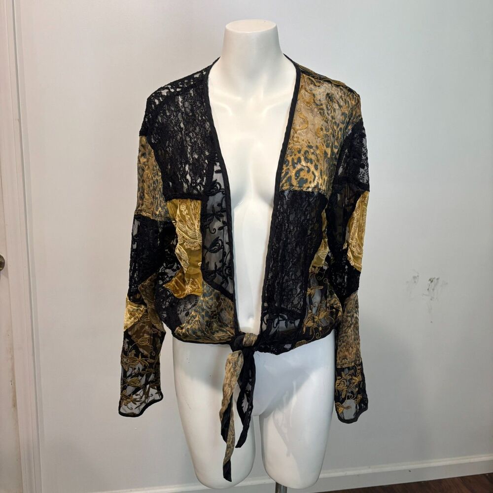 Chico's size 2/Large Gold and Black Velvet Patchwork Mixed Material Tie Cardigan